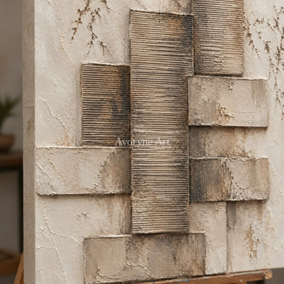 Stone Assembly: Neutral Geometric Relief Wall Art — detail easel