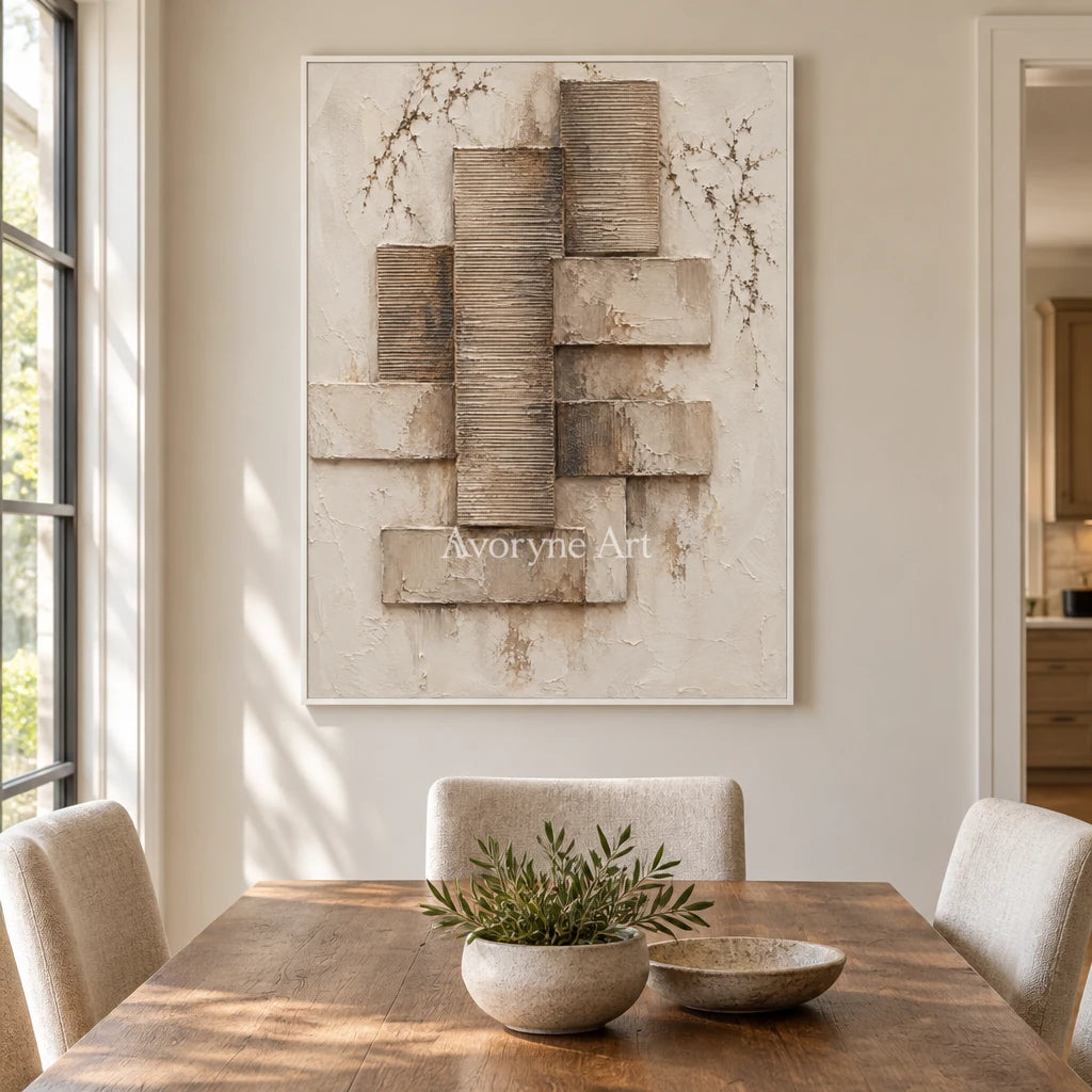 Stone Assembly: Neutral Geometric Relief Wall Art — dining white