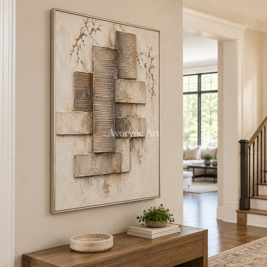 Stone Assembly: Neutral Geometric Relief Wall Art — entry silver