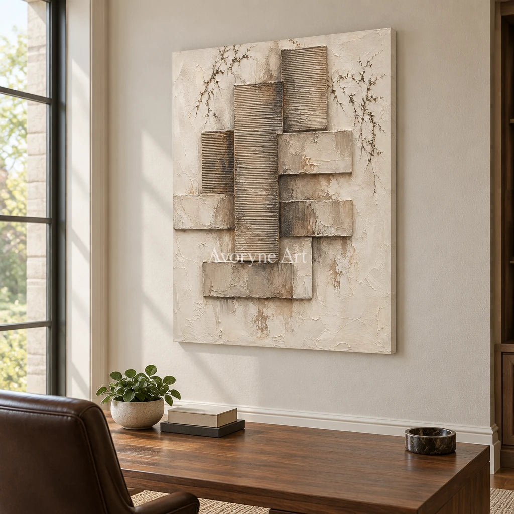 Stone Assembly: Neutral Geometric Relief Wall Art — office frameless