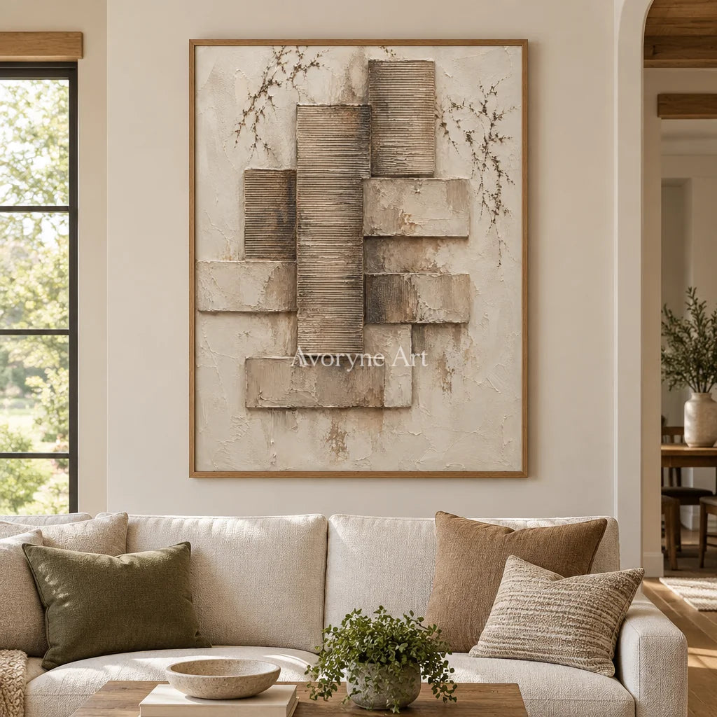 Stone Assembly: Neutral Geometric Relief Wall Art — villa wood