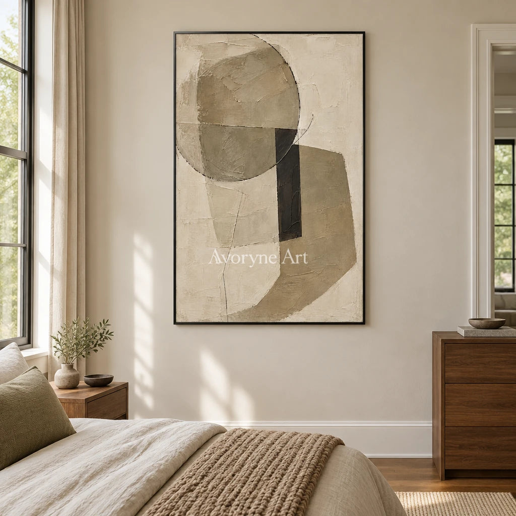 Umber Balance: Neutral Geometric Texture Art — bedroom black