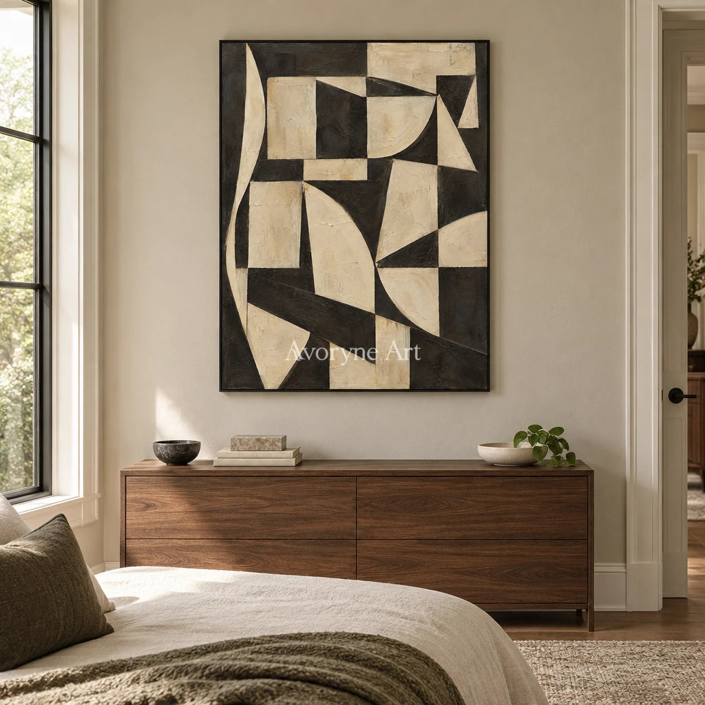 Worn Facets: Neutral Geometric Texture Wall Art — bedroom black