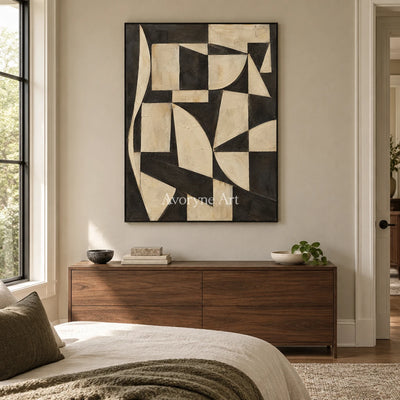 Worn Facets: Neutral Geometric Texture Wall Art — bedroom black
