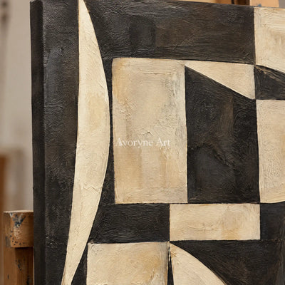 Worn Facets: Neutral Geometric Texture Wall Art — detail easel
