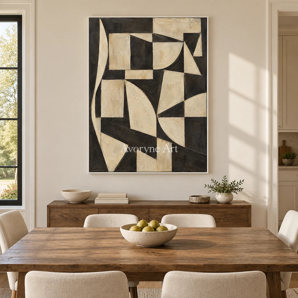 Worn Facets: Neutral Geometric Texture Wall Art — dining white