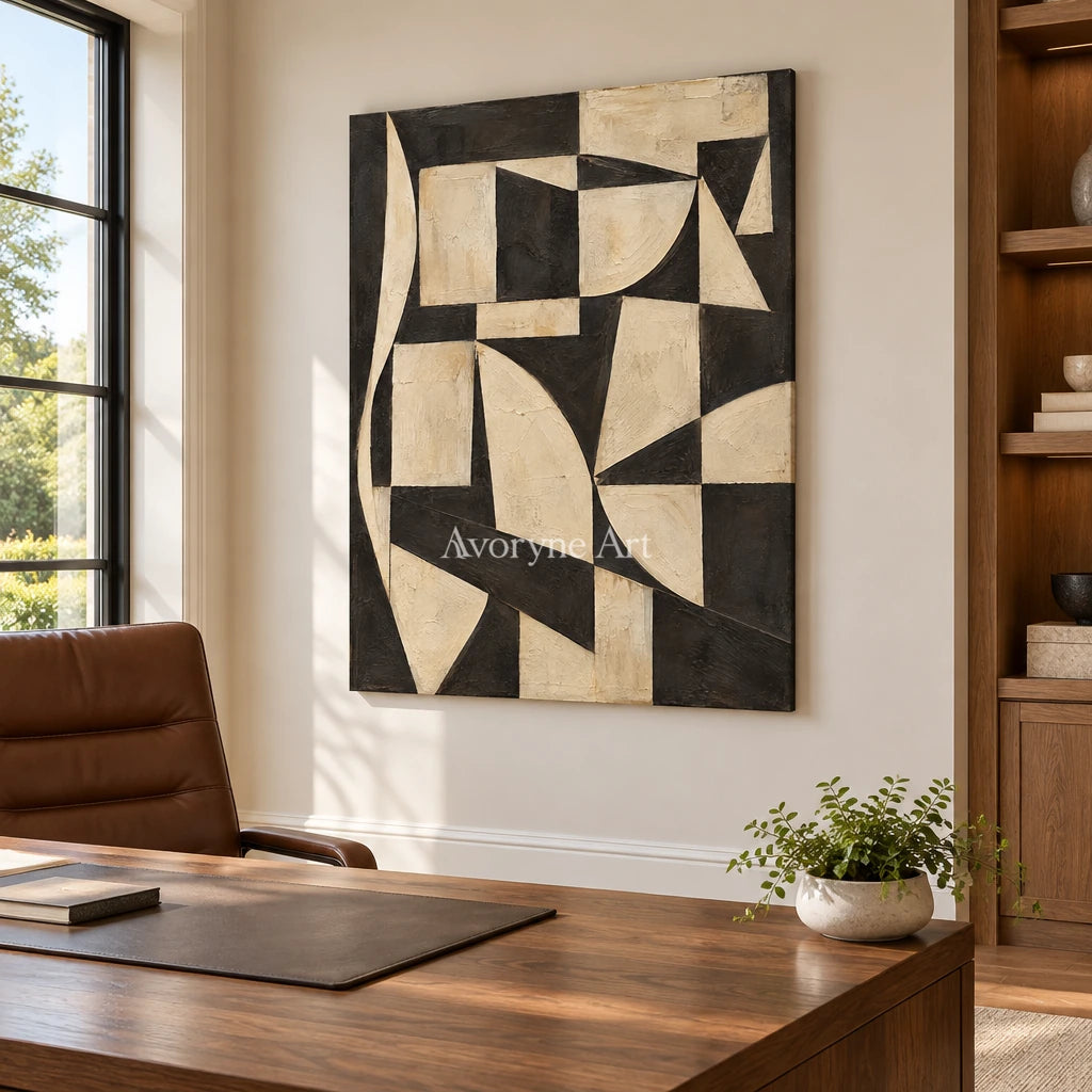 Worn Facets: Neutral Geometric Texture Wall Art — office frameless