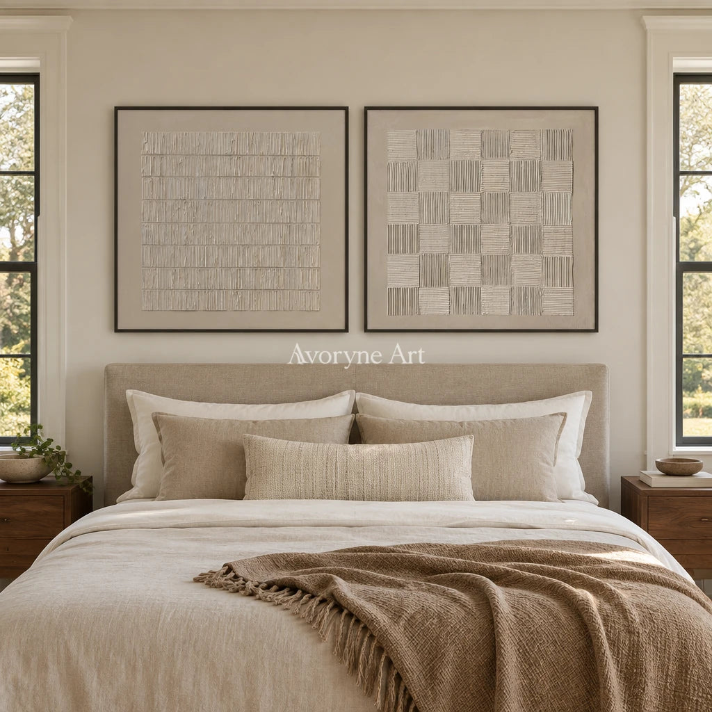 Muted Reverie neutral grid art diptych with a black frame above a bed in a bedroom