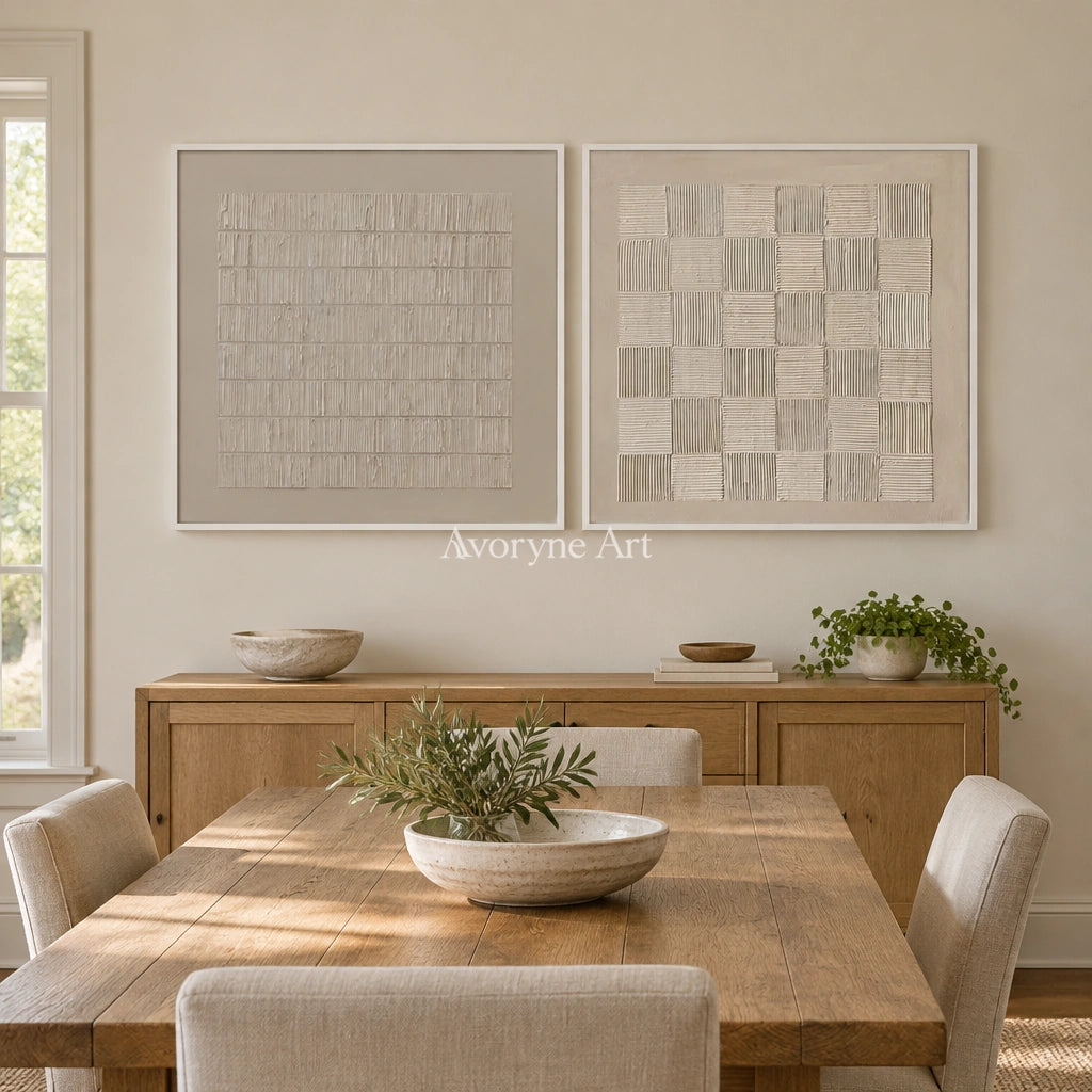 Muted Reverie neutral grid art diptych with a white frame in a dining room