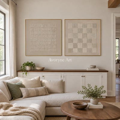 Muted Reverie neutral grid art diptych with a gold frame hanging in a living room