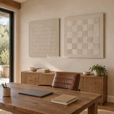 Muted Reverie neutral grid art diptych as a frameless stretched canvas in a home office