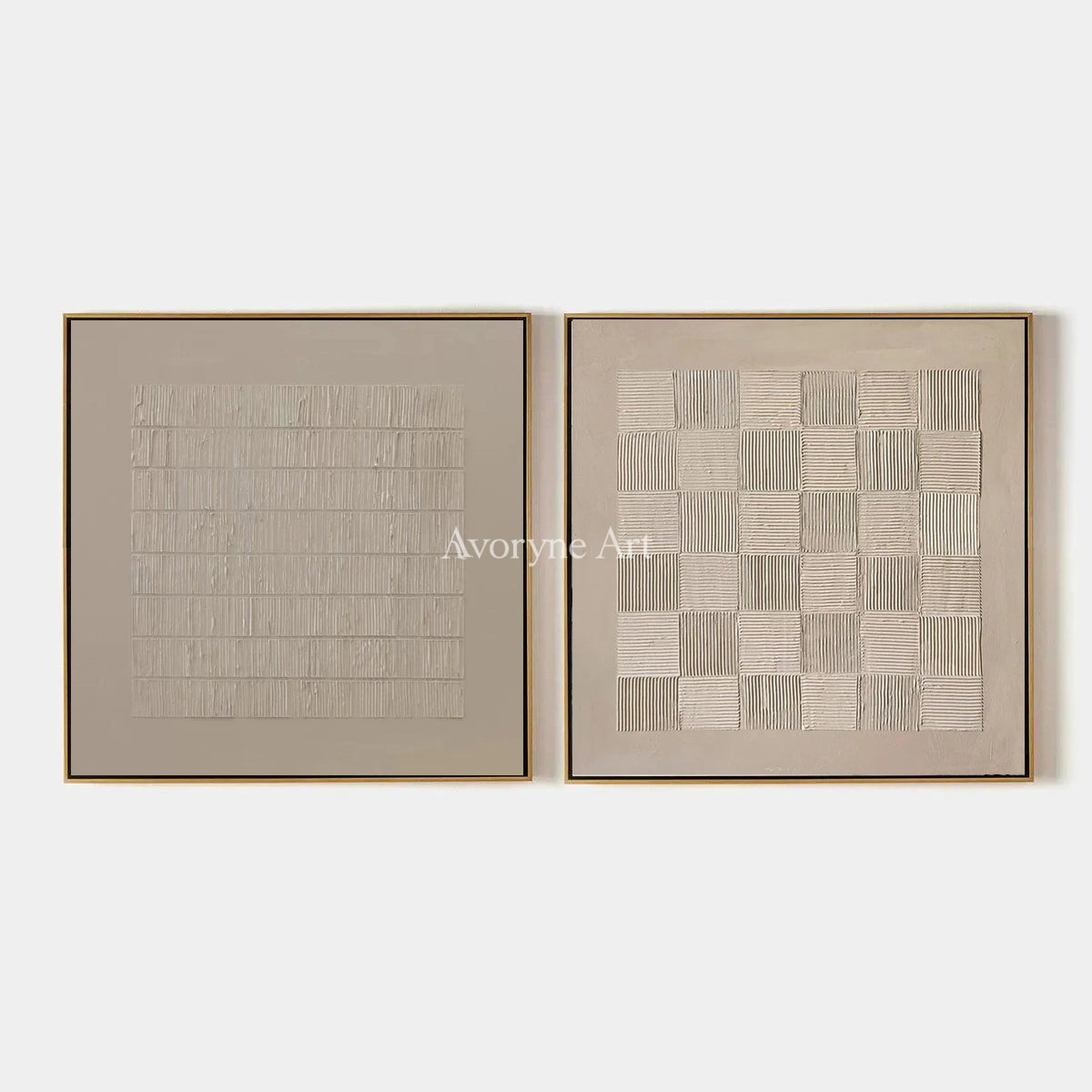 Muted Reverie, hand-painted neutral grid art diptych by Lin Qiao