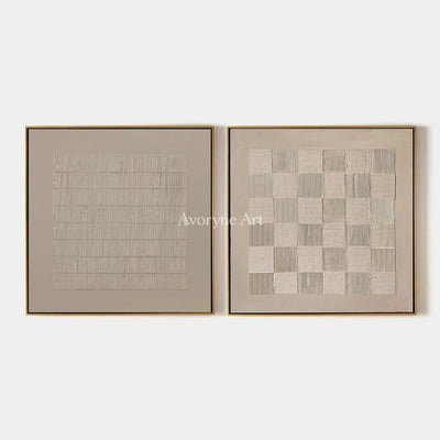 Muted Reverie, hand-painted neutral grid art diptych by Lin Qiao