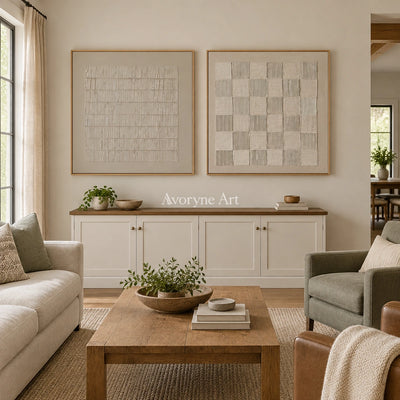 Muted Reverie neutral grid art diptych with a wood frame in a villa living space