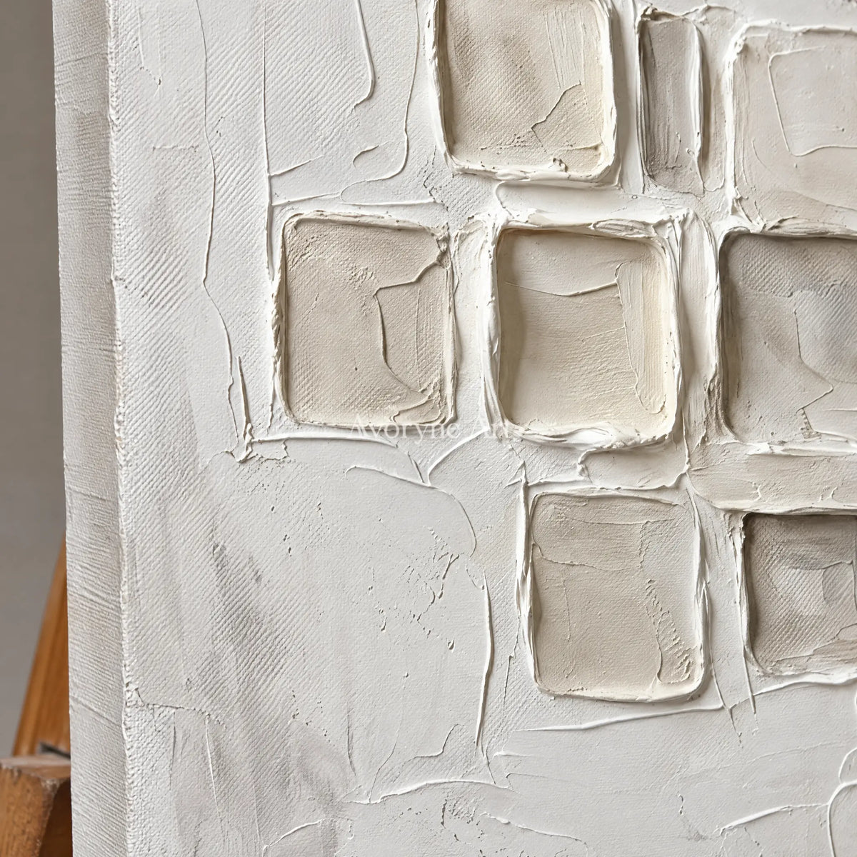 Close-up of the hand-painted texture of Weathered Echo neutral grid texture wall art on an easel