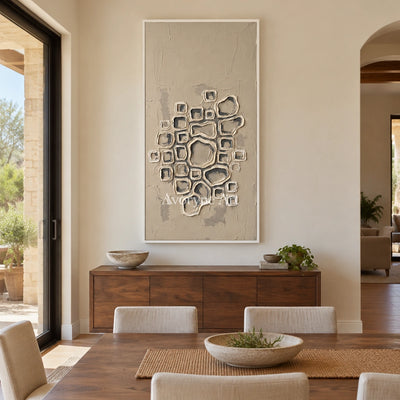 Weathered Interval neutral grid texture wall art with a white frame in a dining room