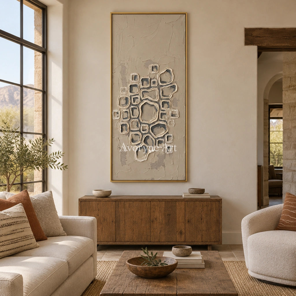 Weathered Interval neutral grid texture wall art with a gold frame hanging in a living room