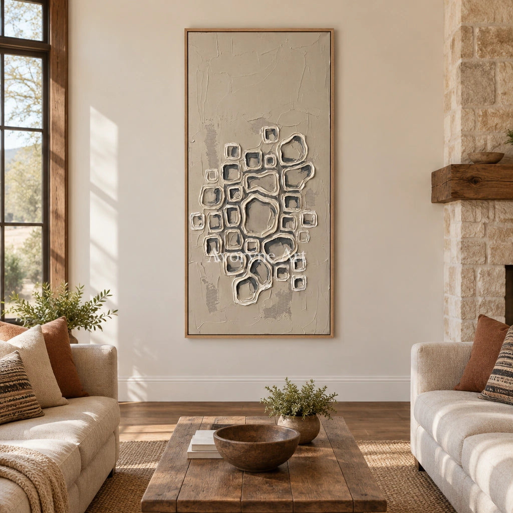 Weathered Interval neutral grid texture wall art with a wood frame in a villa living space