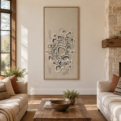 Weathered Interval neutral grid texture wall art with a wood frame in a villa living space