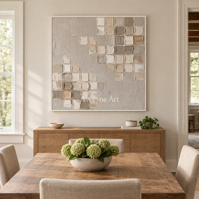 Weathered Mosaic neutral grid texture wall art with a white frame in a dining room