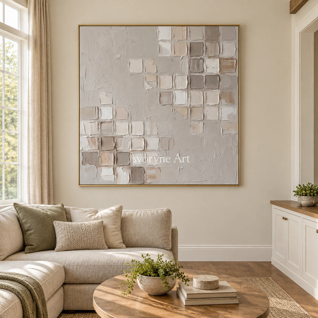 Weathered Mosaic neutral grid texture wall art with a gold frame hanging in a living room