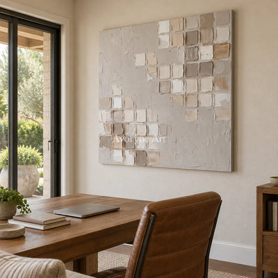 Weathered Mosaic neutral grid texture wall art as a frameless stretched canvas in a home office