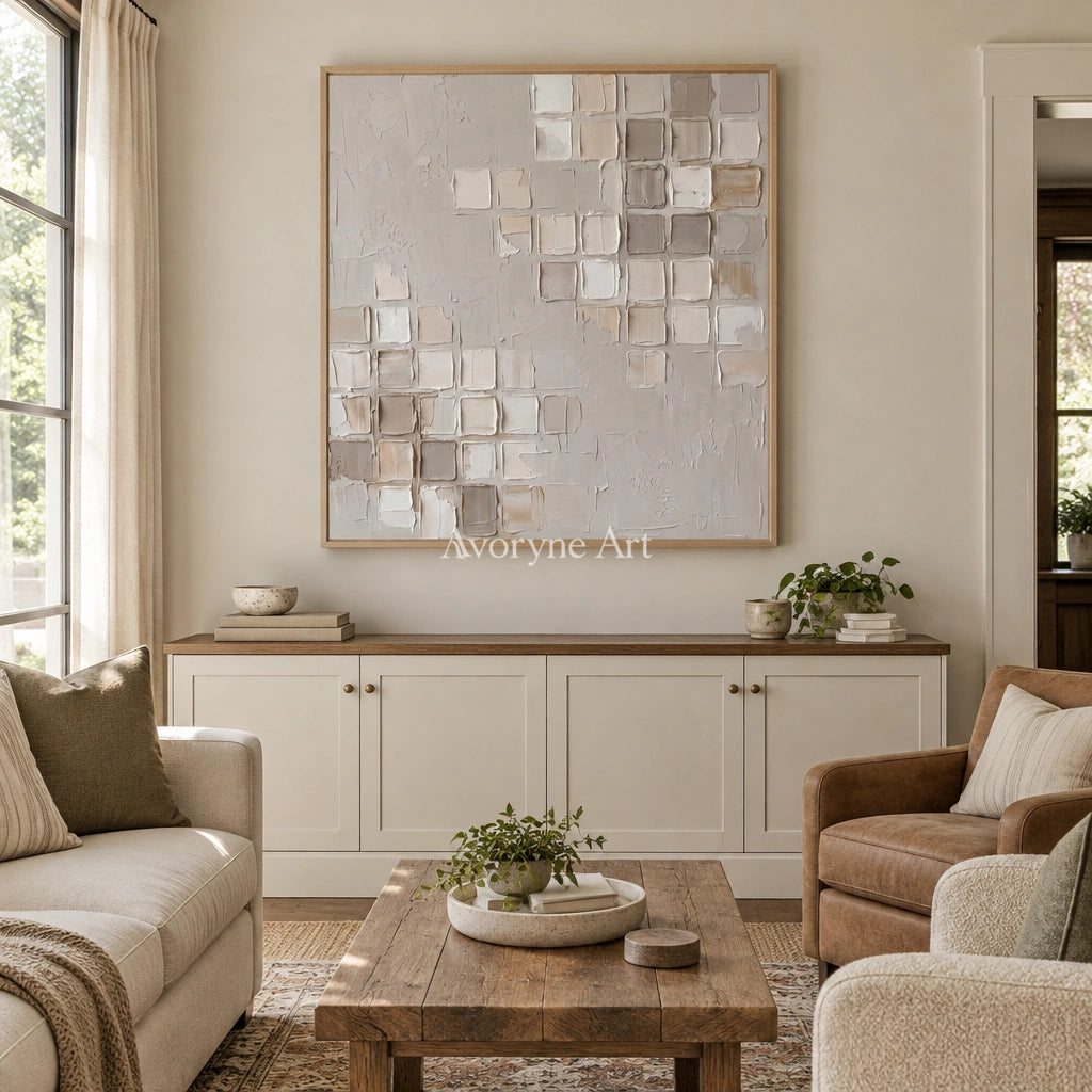 Weathered Mosaic neutral grid texture wall art with a wood frame in a villa living space