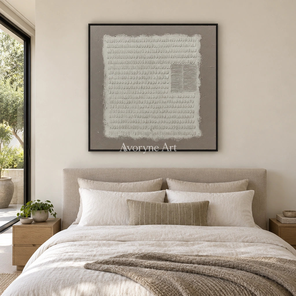 Woven Mosaic neutral grid texture wall art with a black frame above a bed in a bedroom