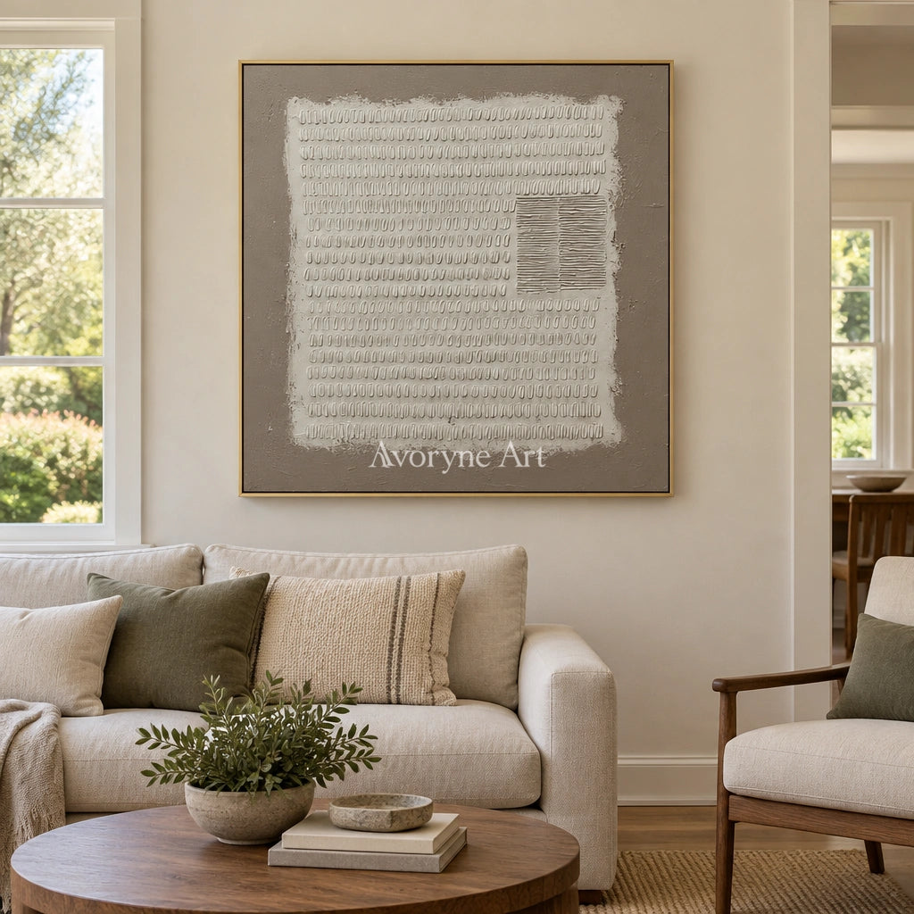 Woven Mosaic neutral grid texture wall art with a gold frame hanging in a living room