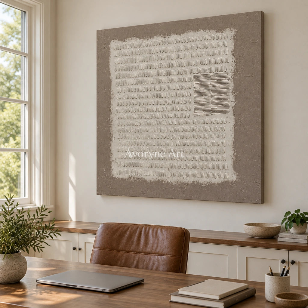 Woven Mosaic neutral grid texture wall art as a frameless stretched canvas in a home office