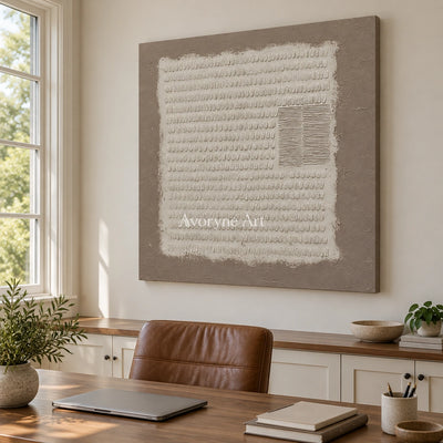 Woven Mosaic neutral grid texture wall art as a frameless stretched canvas in a home office
