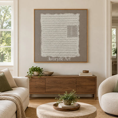 Woven Mosaic neutral grid texture wall art with a wood frame in a villa living space