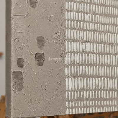 Close-up of the hand-painted texture of Woven Memory neutral grid texture wall art on an easel