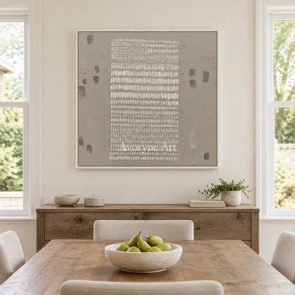 Woven Memory neutral grid texture wall art with a white frame in a dining room