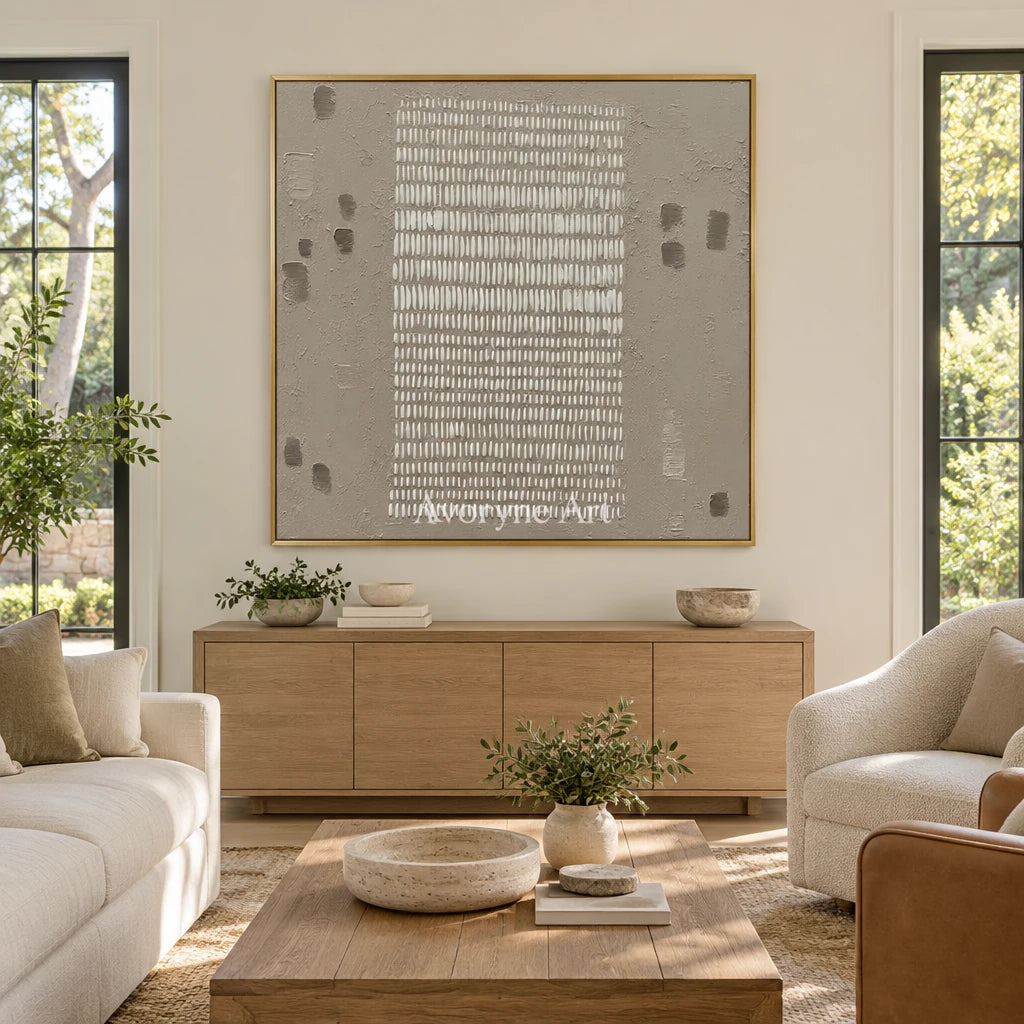 Woven Memory neutral grid texture wall art with a gold frame hanging in a living room
