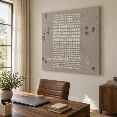 Woven Memory neutral grid texture wall art as a frameless stretched canvas in a home office