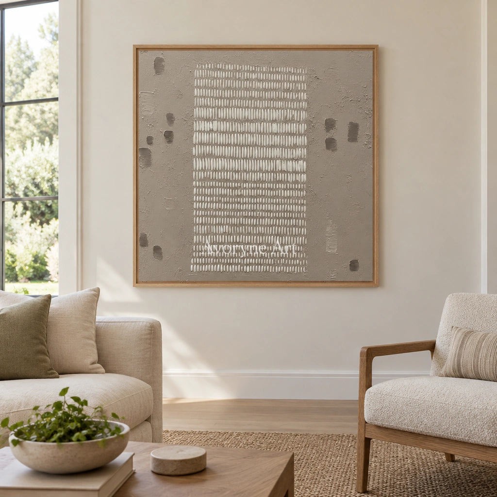 Woven Memory neutral grid texture wall art with a wood frame in a villa living space