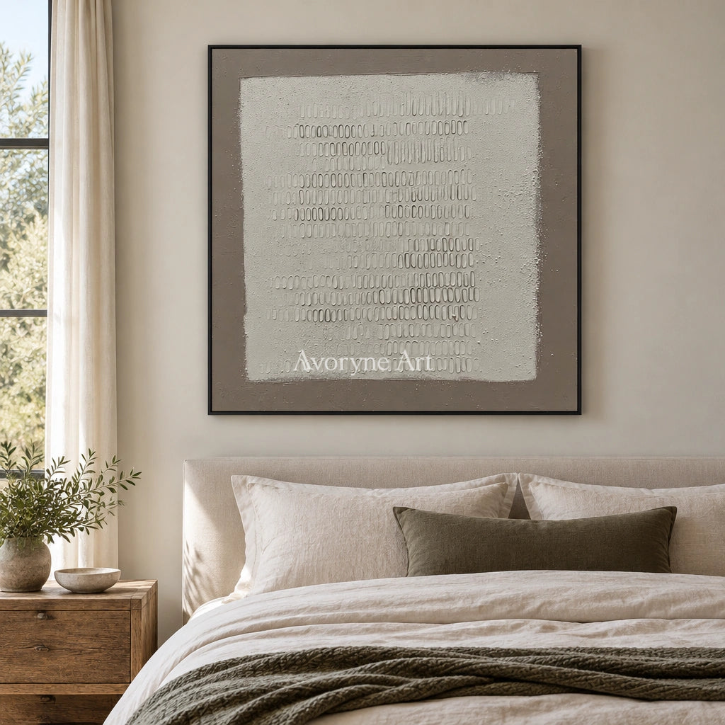 Woven Solace neutral grid texture wall art with a black frame above a bed in a bedroom