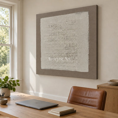 Woven Solace neutral grid texture wall art as a frameless stretched canvas in a home office