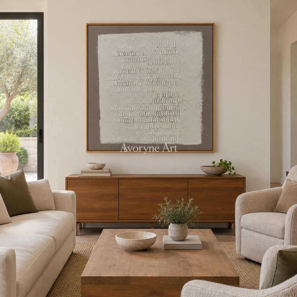 Woven Solace neutral grid texture wall art with a wood frame in a villa living space