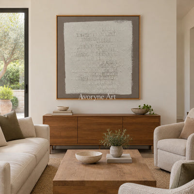 Woven Solace neutral grid texture wall art with a wood frame in a villa living space