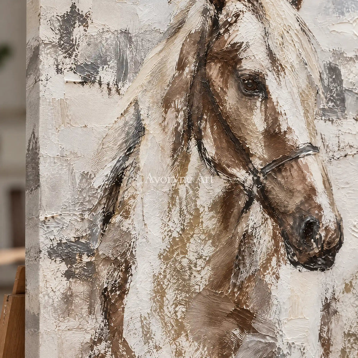 Quiet Bridle: Neutral Horse Portrait Wall Art — detail easel