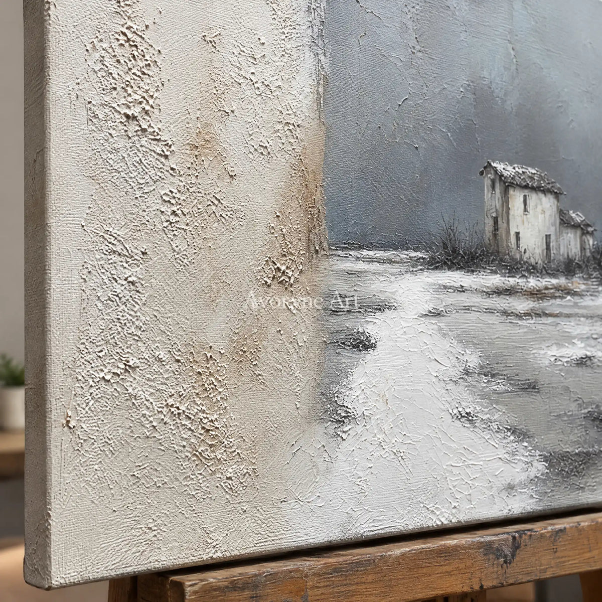 Close-up of the hand-painted texture of Quiet Sonata neutral house landscape wall art on an easel