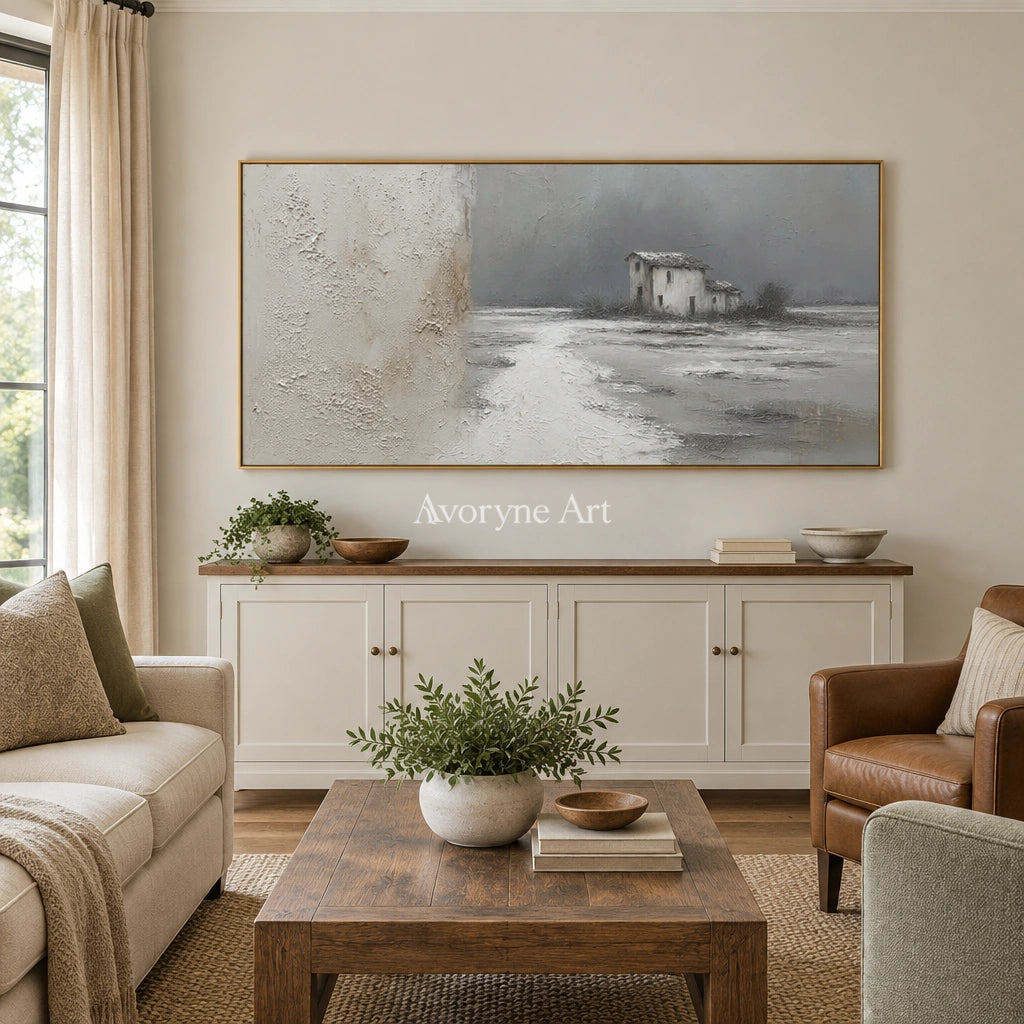 Quiet Sonata neutral house landscape wall art with a gold frame hanging in a living room