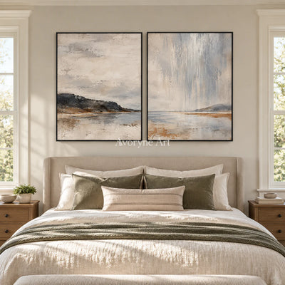 Rainward Shore: Neutral Landscape Diptych Wall Art — bedroom black