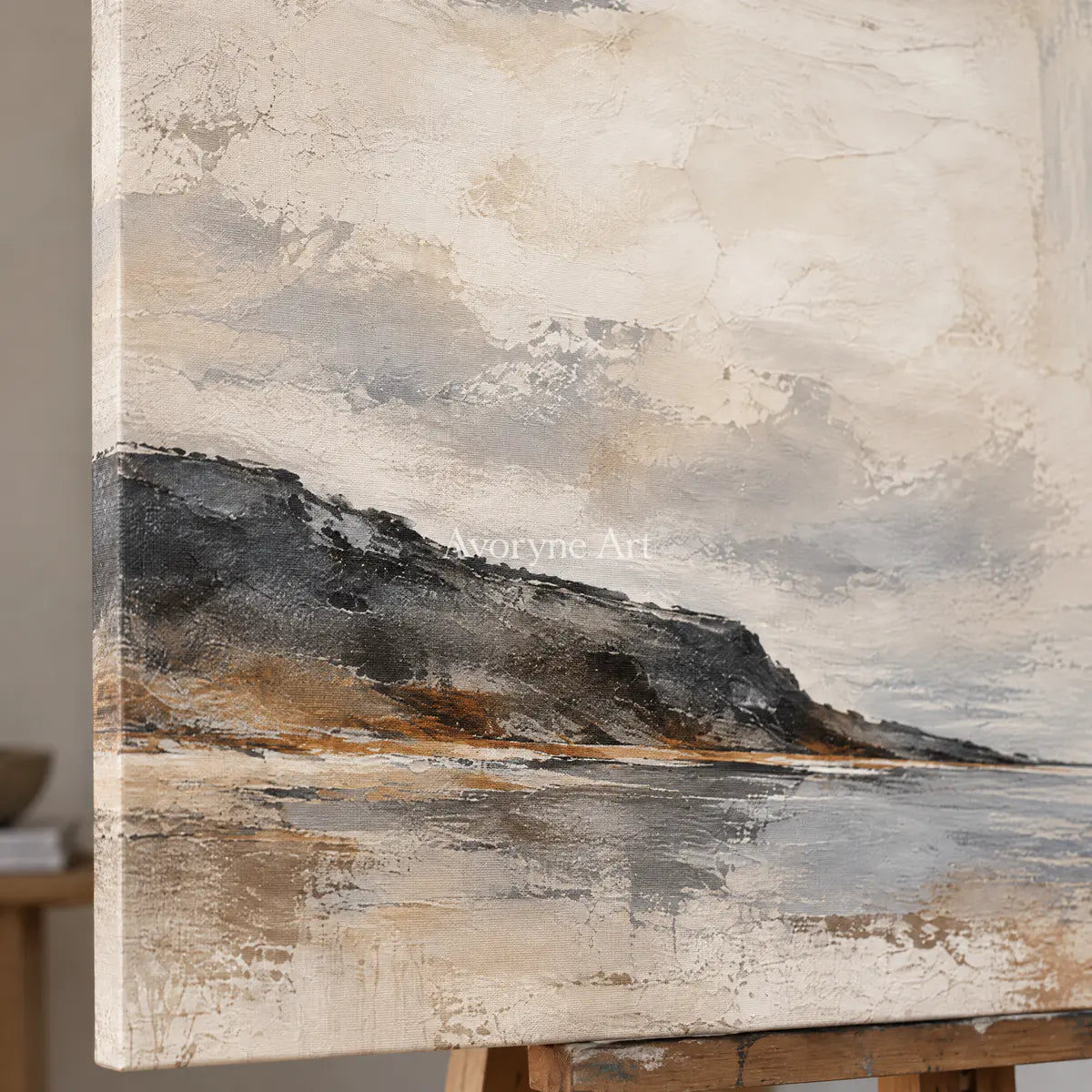 Rainward Shore: Neutral Landscape Diptych Wall Art — detail easel