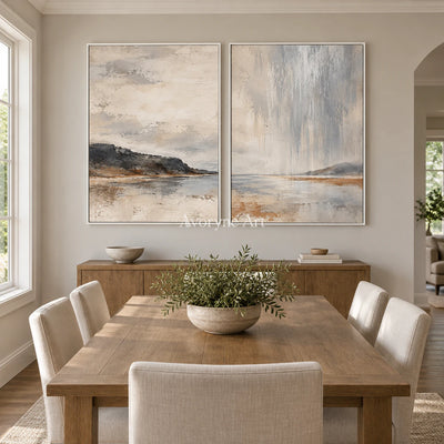 Rainward Shore: Neutral Landscape Diptych Wall Art — dining white