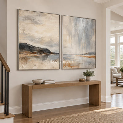 Rainward Shore: Neutral Landscape Diptych Wall Art — entry silver