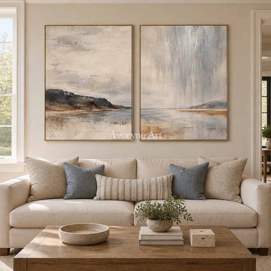 Rainward Shore: Neutral Landscape Diptych Wall Art — living gold