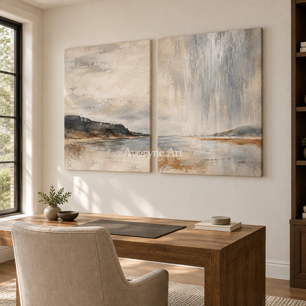 Rainward Shore: Neutral Landscape Diptych Wall Art — office frameless